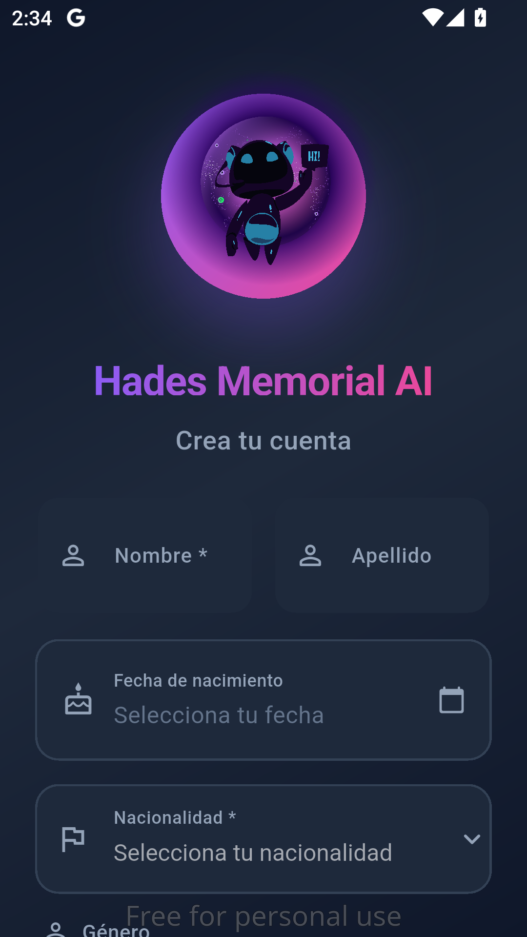Pantalla de registro de Hades Memorial
